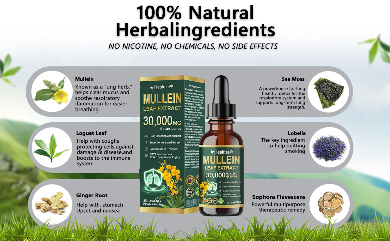 Healrize® 🌿 Organic Lung Cleansing Mullein Leaf Extract Drops Clinically proven to relieve cough, phlegm, asthma, and COPD (Chronic Obstructive Pulmonary Disease) — Breathe freely and easily.